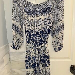 Women’s Off-Shoulder Floral Romper in Blue and White